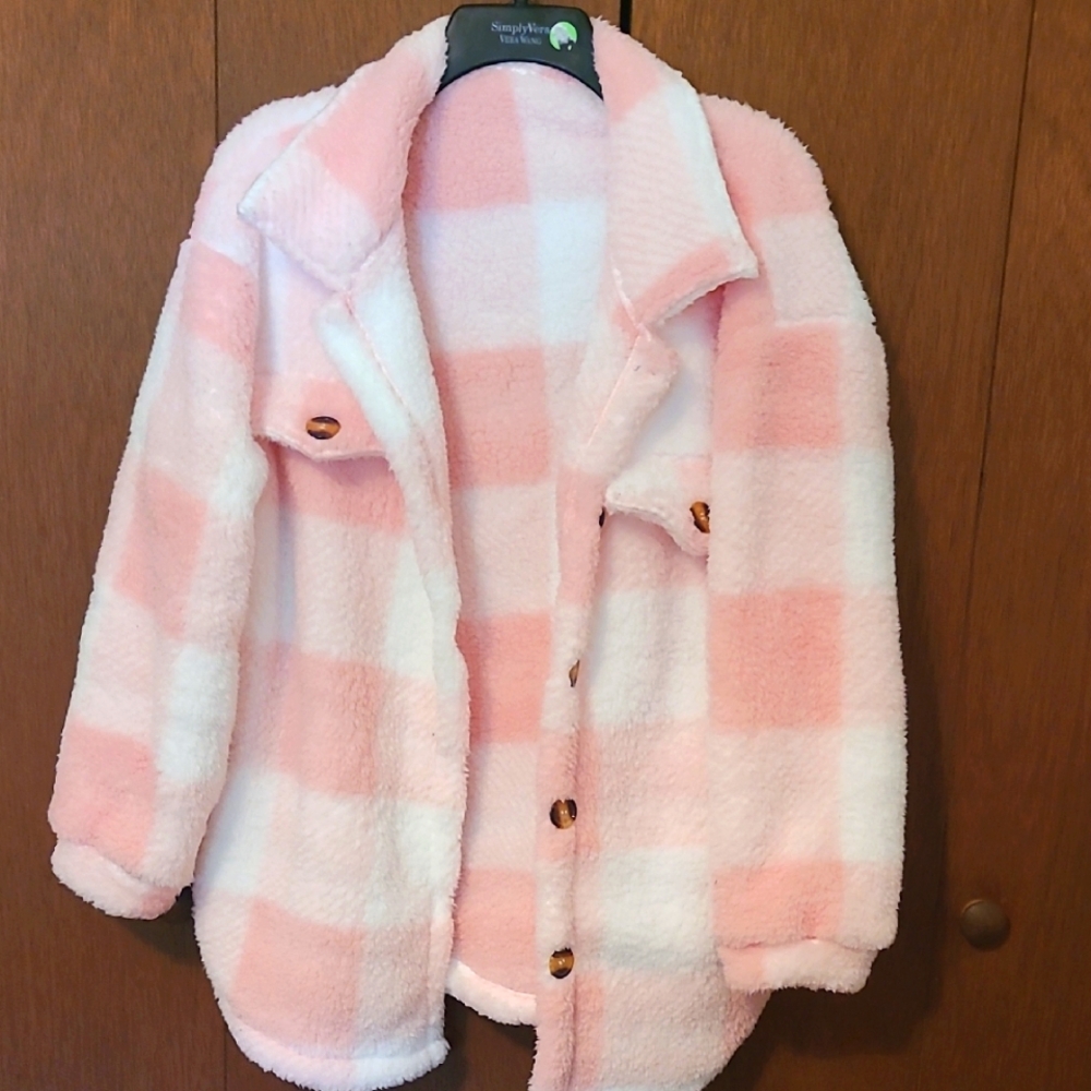 Pink and White Checkered Fleece Button Front  Jacket Sz L
